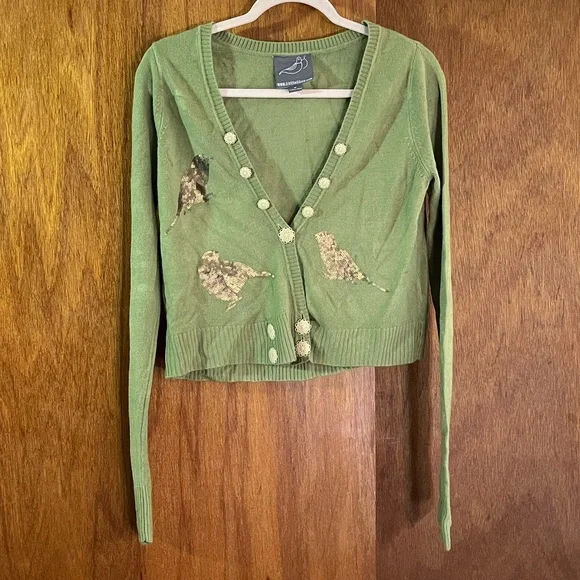 KNITTED DOVE Green Cardigan w Gold Bird Embellishments Sz M